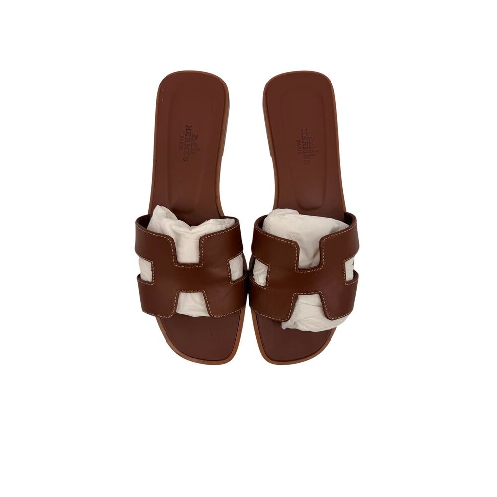 Hermes Oran Leather Open Toe Slip-On Flats Slide Sandals Brown Women's Size 38 - Picture 6 of 8